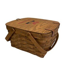 Longaberger Square Picnic Basket & Riser Hinged Lid & Handles Handwoven Vintage